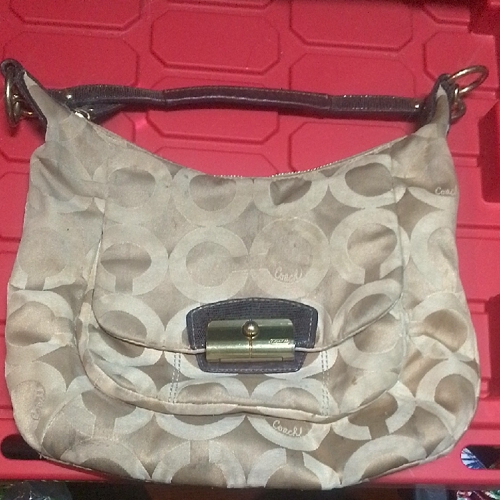 Coach Beige Signature Shoulder Bag With Gold-Tone Turn Lock